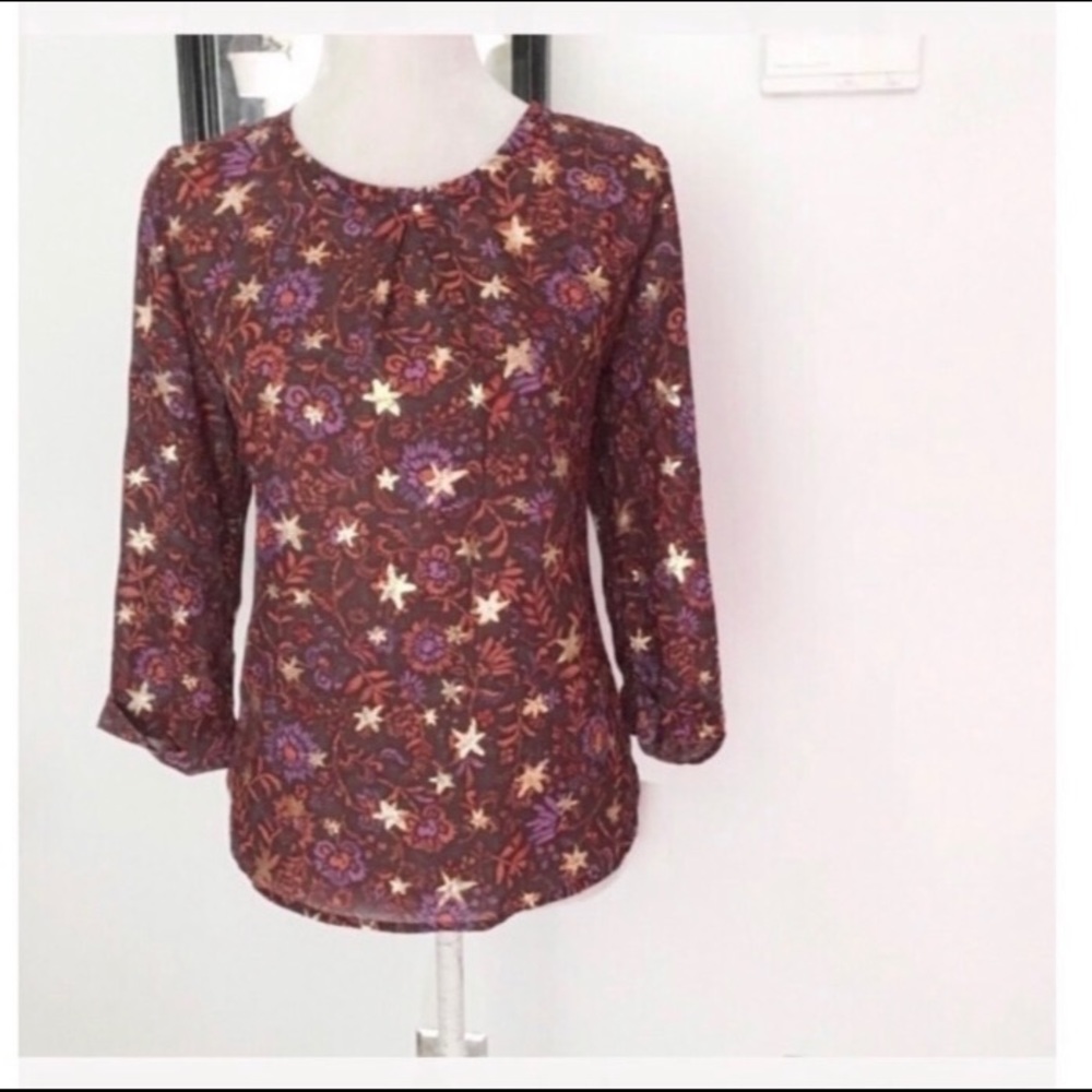 Hinge Brown Foil Print Floral Blouse Top Size Medium